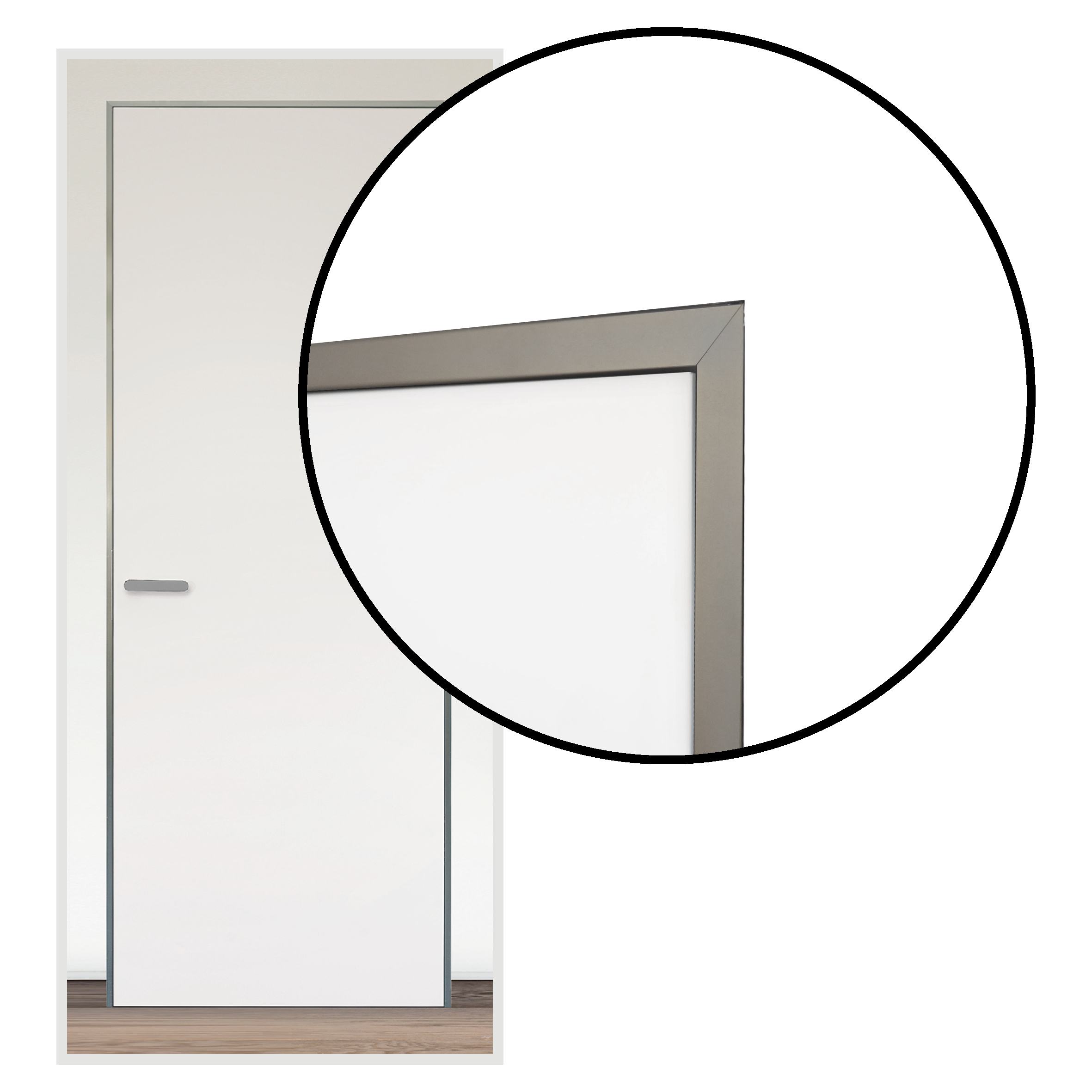 wandbündige Tür, Artikel modulWERK Serie 2.0 mit 18 mm breiten Aluminiumzarge mit Fokus auf die Türecke oben rechts, um die Symbiose aus Tür und Zarge deutlicher zu zeigen.