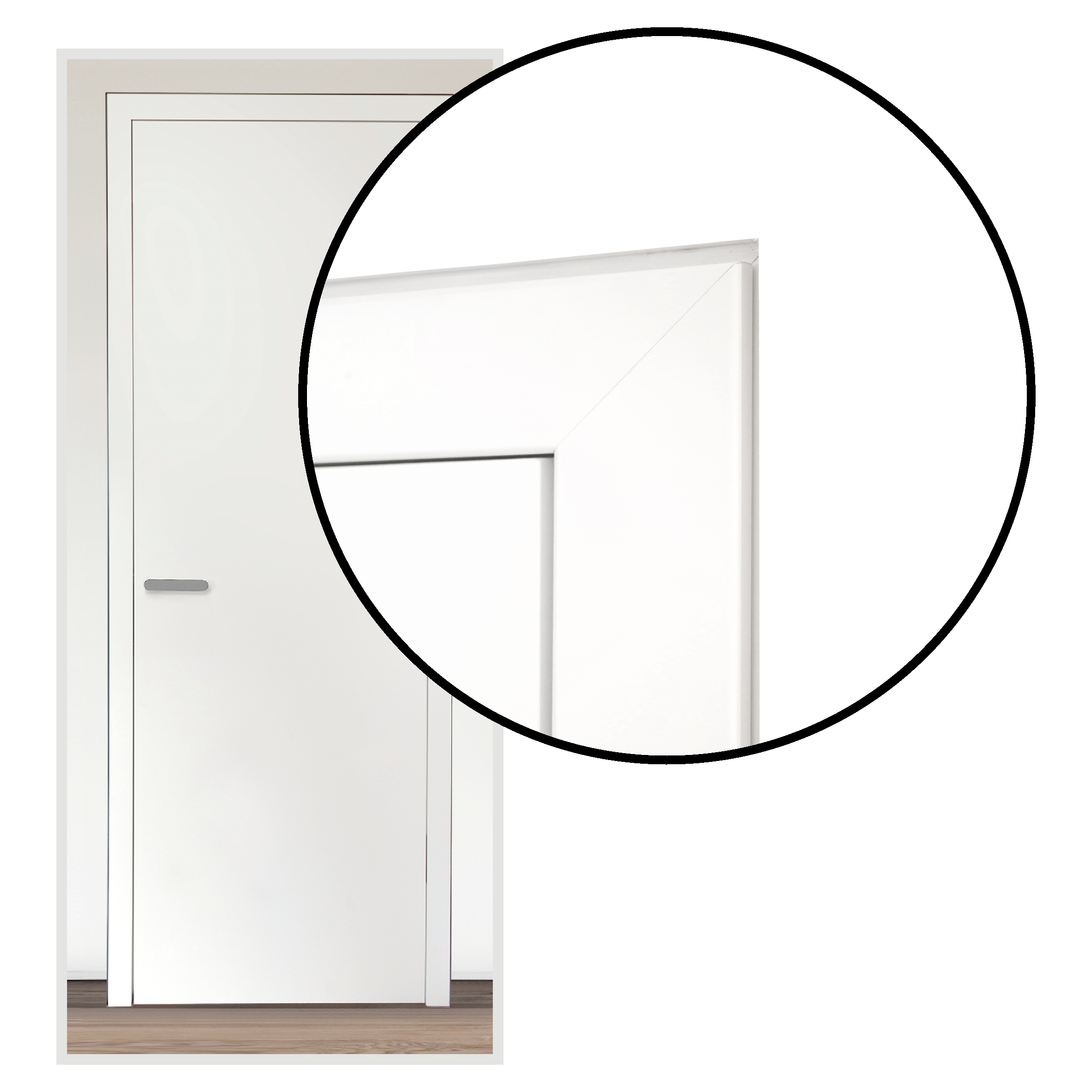 modulWERK Serie 3.1, wandbündige Tür mit Zarge mit Fokus auf die Ecke oben rechts zur besseren Darstellung der Wandbündigkeit von Türblatt und Zarge in der Wand.