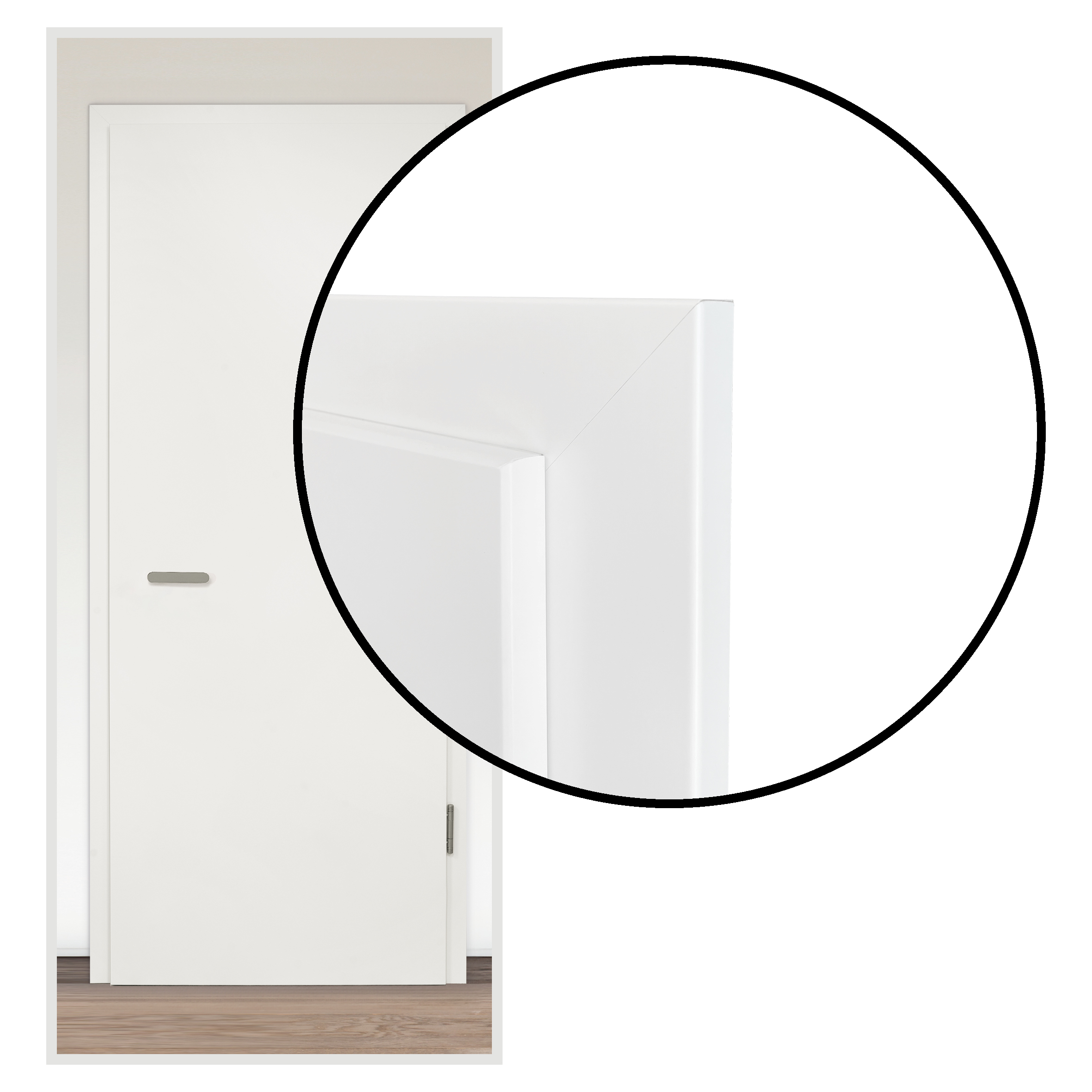 modulWERK Serie 4.0, gefälzte Tür mit einer Bekleidungsbreite von 65 mm, mit Fokus auf die Ecke des Rahmens oben rechts, um die das aufliegende Tür auf der Türzarge zu verdeutlichen.