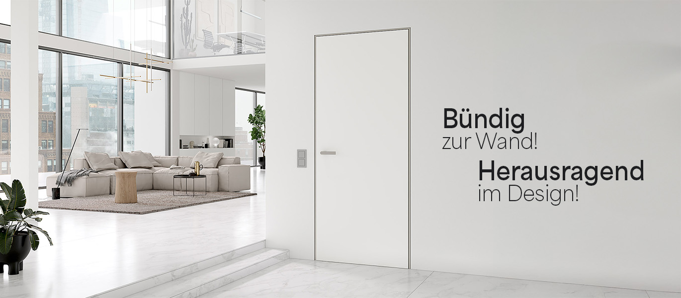 helle und moderner Wohnraum mit Fokus auf die wandbündige Tür modulWERK 1.0 von vitaDOOR. Es ist eine wiße Tür mit einer Aluminium Zarge in Edelstahl-Optik.